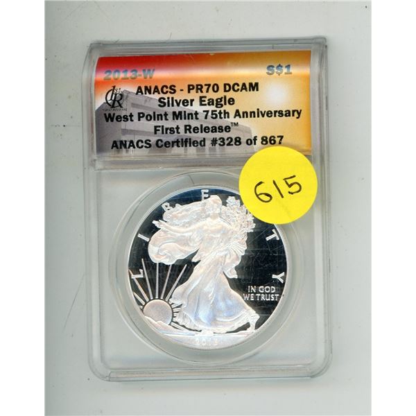 2013-W ANACS - PR70 DCAM Silver Eagle- West Point Mint 75th Anniversary First Release - ANACS Certif