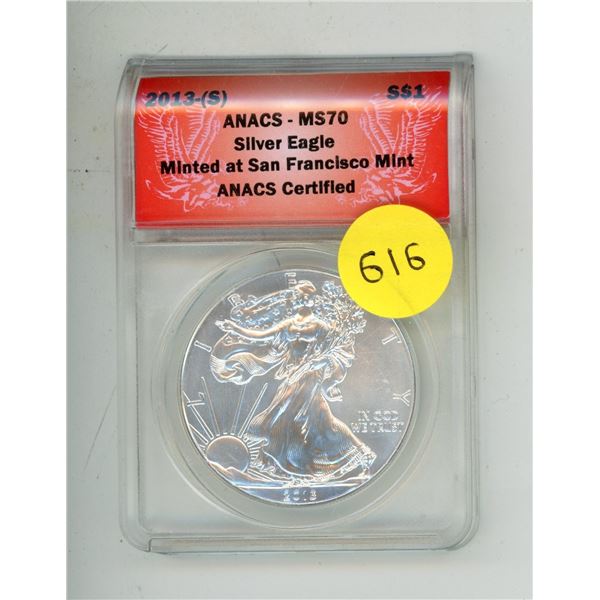 2013-(S) S$1 ANACS-MS70 Silver Eagle - Minted at San Francisco Mint ANACS Certified.