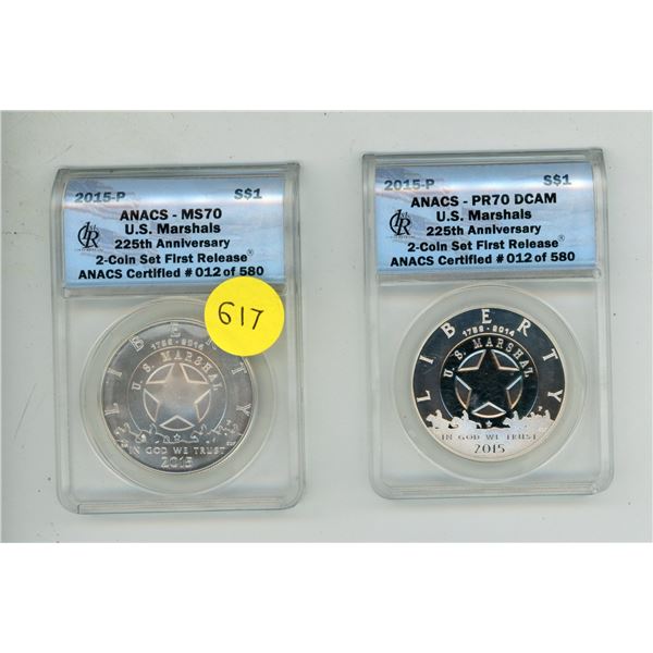 2015-P S$1 ANACS - MS70 and PR70 DCAM U.S. Marshals 225th Anniversary 2-Coin Set First Release ANACS