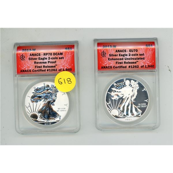 2013-W - RP70 DCAM and EU70 Silver Eagle 2-Coin Set Enhanced Uncirculated First Release ANACS Certif