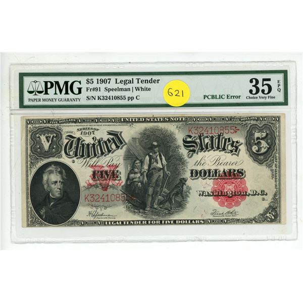 1907 $5 United States Legal Tender Note, commonly known as the "Woodchopper".