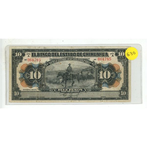 1913 Mexican 10 Pesos banknote issued by El Banco del Estado de Chihuahua.