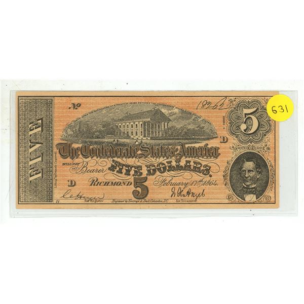 Confederate States of America $5 banknote from the Series of 1864.