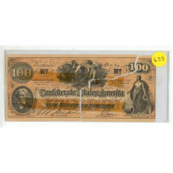 Confederate States of America $100 banknote from 1862 or 1864. (Teared from center)