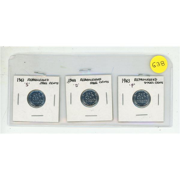 1943 Steel Lincoln Cents from each of the three U.S. Mints: San Francisco ('S'), Denver ('D'), and P