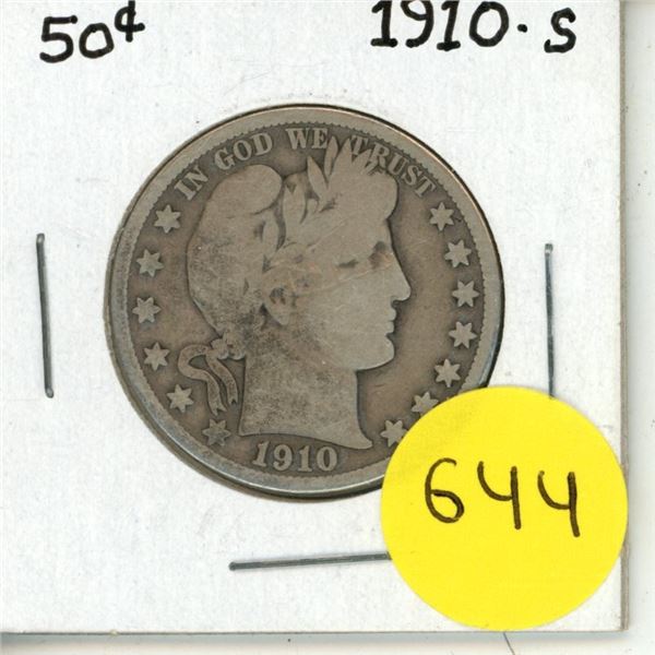 1910-S U.S.A. Barber Silver Half Dollar.