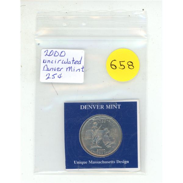 United States quarter from the year 2000, honoring Massachusetts - Denver Mint.