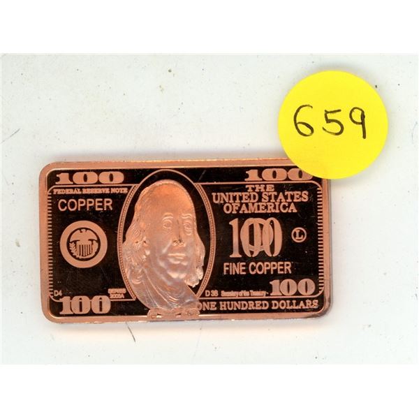 1-ounce copper bullion bar designed to replicate the appearance of a United States one-hundred-dolla