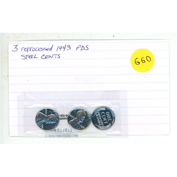 Set of three reprocessed 1943 Lincoln Steel Cents.