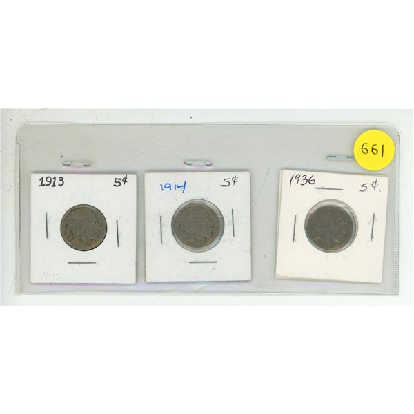 United States Buffalo nickels (also known as Indian Head nickels) dating 1913, 1914, 1936.