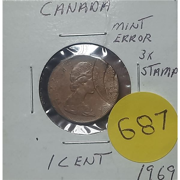 1969 Canadian Penny Mint Error 3 x Stamp.