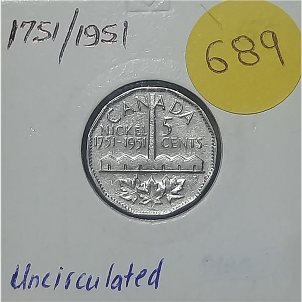 1951 Canadian 5-cent commemorative nickel, celebrating the 200th anniversary of the discovery of nic