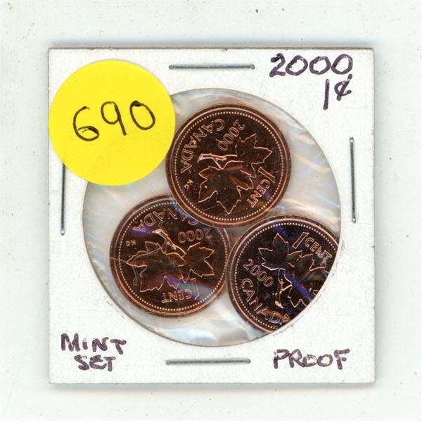 (3) 2000 Canada One Cent - Proof Like - Mint.