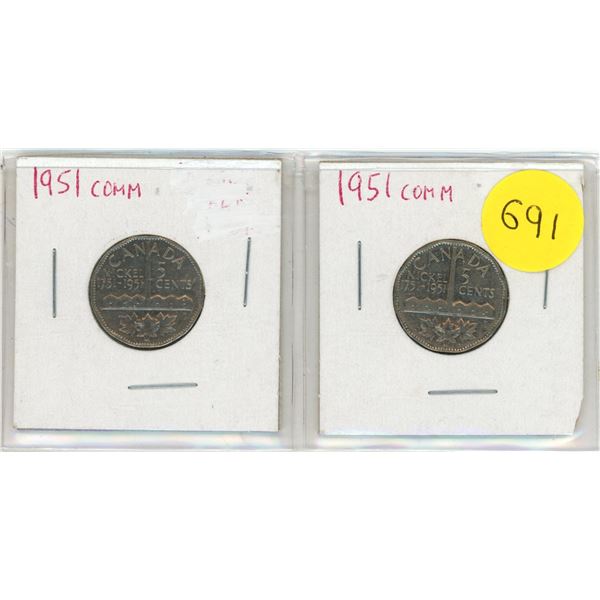 (2) 1951 Canadian 5-cent commemorative coins, specifically issued to celebrate the 200th anniversary