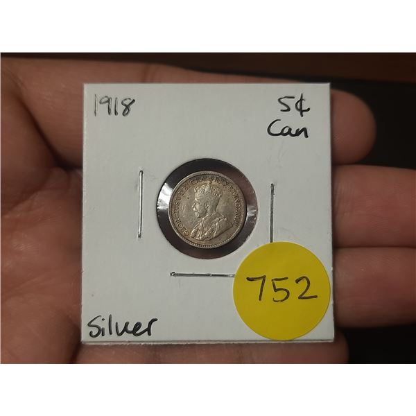 1918 Canadian Silver Small Five Cents