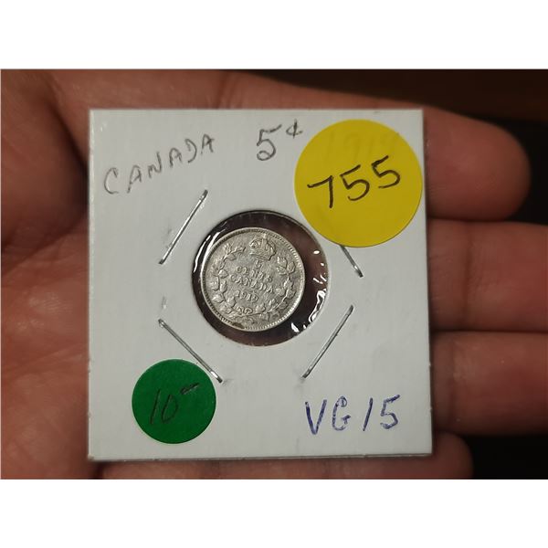 1919 Canadian Silver Small Five Cents
