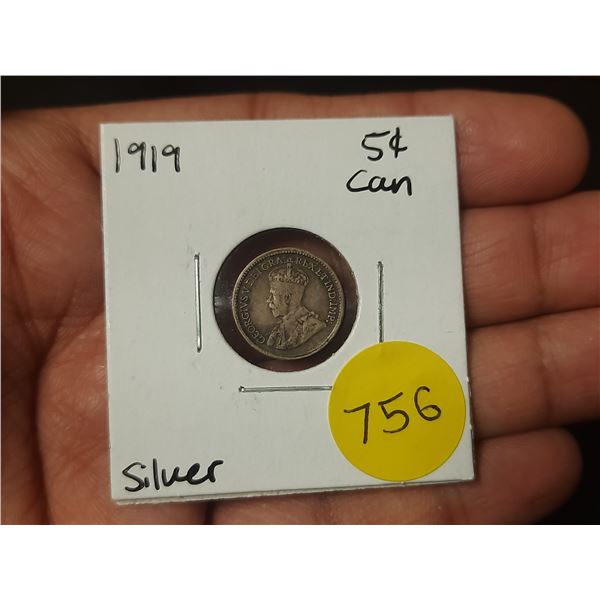 1919 Canadian Silver Small Five Cents