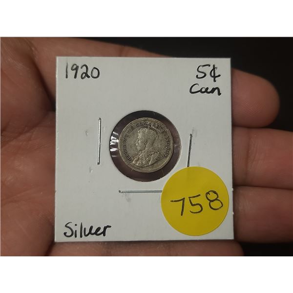 1920 Canadian Silver Small Five Cents