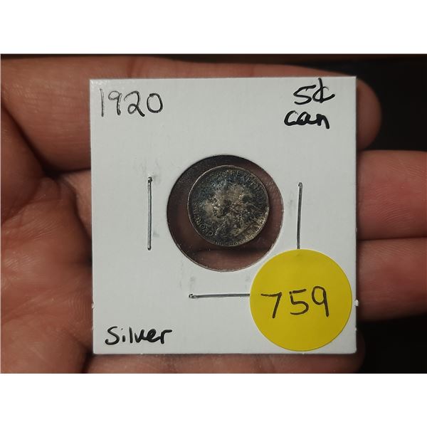 1920 Canadian Silver Small Five Cents
