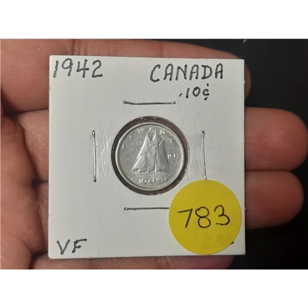 1942 VF Canadian Silver Ten Cents