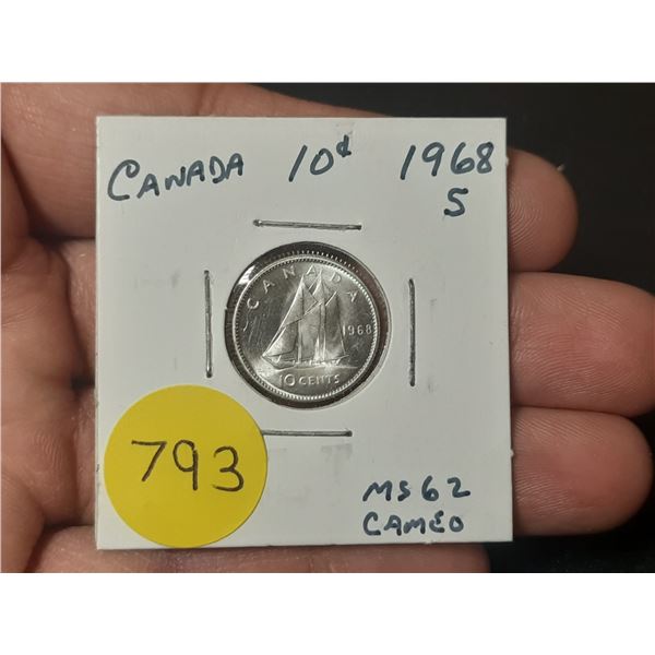1968 MS-62 Canadian Silver Ten Cents .500 Cameo