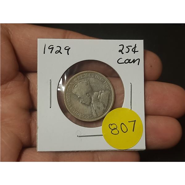 1929 Canadian Silver Twenty Five Cents
