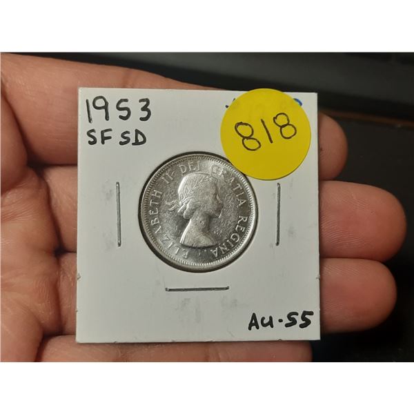 1953 SF SD, AU-55 Canadian Silver Twenty Five Cents