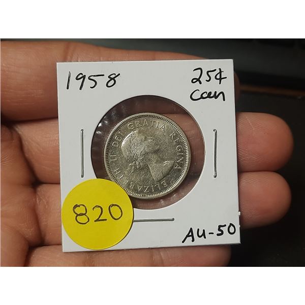 1958 AU-50 Canadian Silver Twenty Five Cents