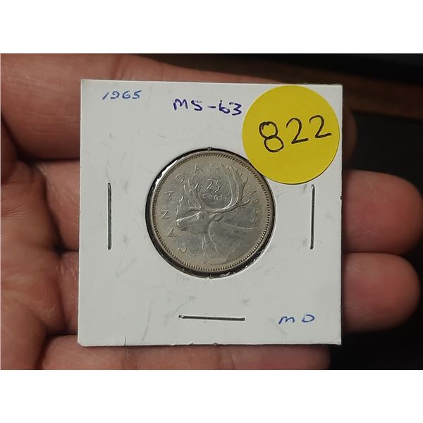 1965 MS-63 Canadian Silver Twenty Five Cents