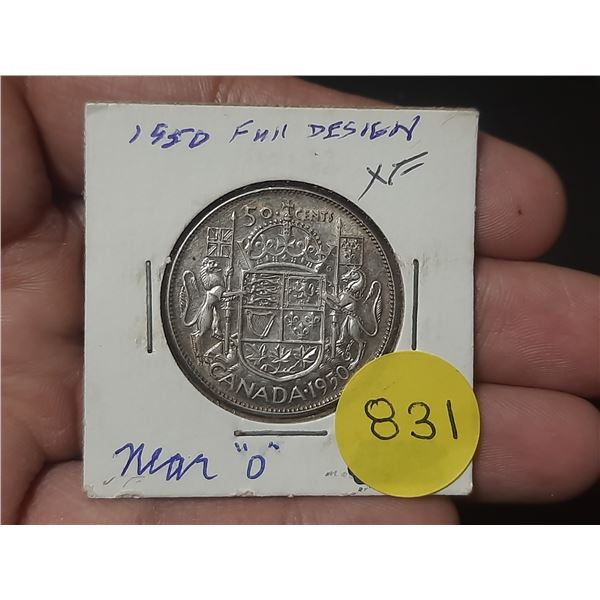 1950 XF Canadian Silver Fifty Cents Full Design, Near 0