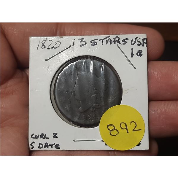 1820 USA Large Cent - 13 Stars - Curl Z, S Date