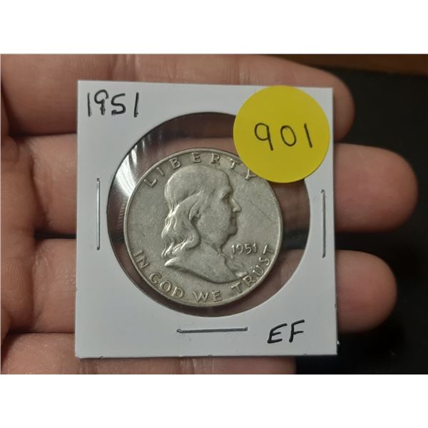 1951 EF USA Silver S Franklin Half Dollar