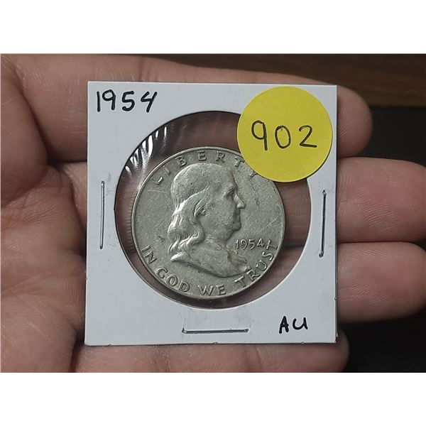 1954 AU USA Silver S Franklin Half Dollar