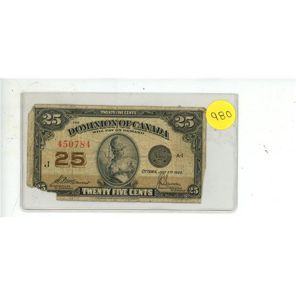 1923 Dominion Of Canada Twenty Five Cent Shinplaster Bank Note