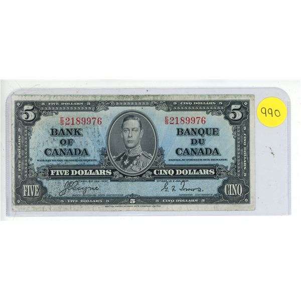 1937 Bank Of Canada Five Dollar Bank Note