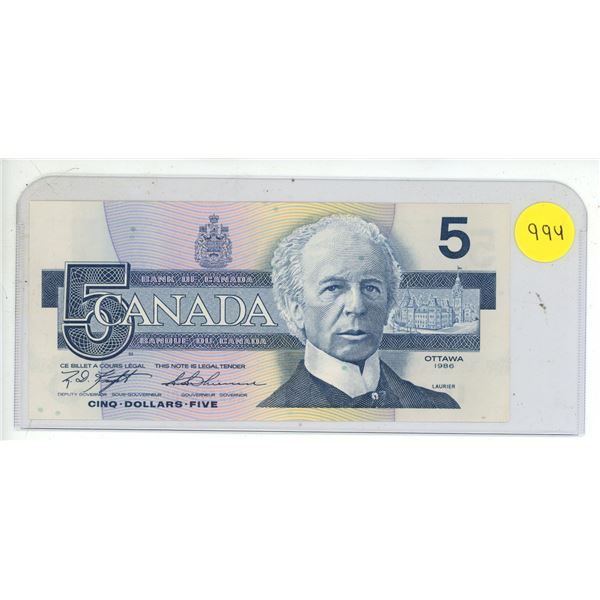 1986 Bank Of Canada Five Dollar Bank Note
