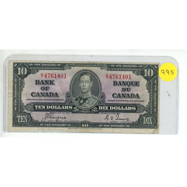 1937 Bank Of Canada Ten Dollar Bank Note
