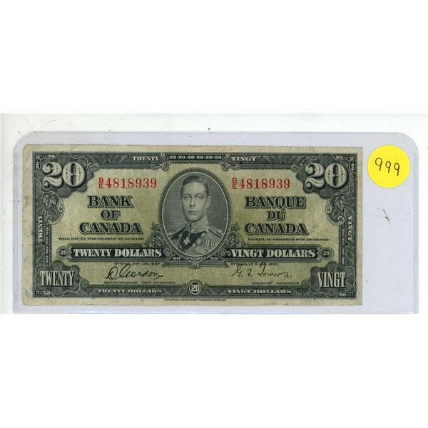 1937 Bank Of Canada Twenty Dollar Bank Note