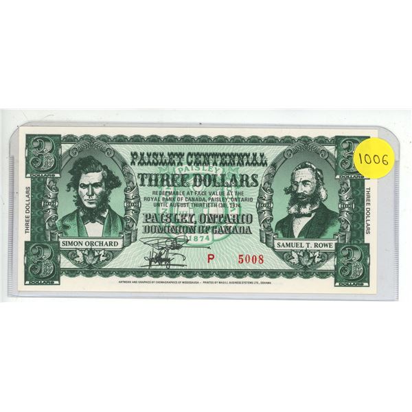 1974 Paisley Ontarion Dominion Of Canada Three Dollar Note
