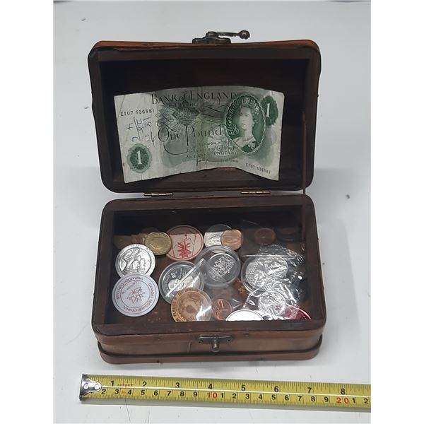Coin Collection In Antique Wooden Box
