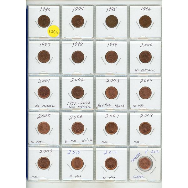 1993-2012 UNC Sheet Of Canadian Small Cents - 20 Coins