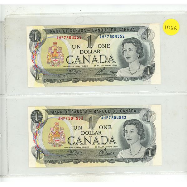1973 2 Canadian One Dollar Bank Notes In Series
