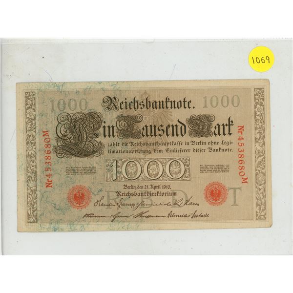 1910 Imperial Germany One Thousand Mark Reichsbanknote