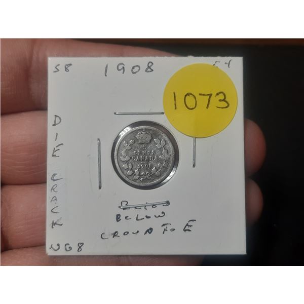 1908 NICKLE VG8 Canadian Nickle, DIE CRACK BELOW CROWN TO E