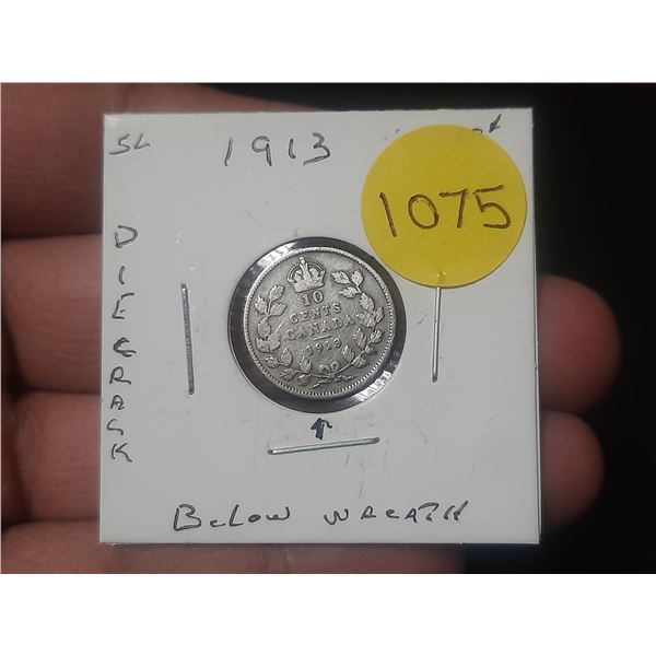 1913 Dime VG8 Canadian Dime, Die Crack Below Wreath