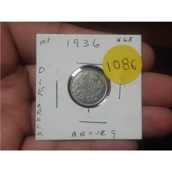 1936 DIME VG8 Canadian Dime, Die Crack Above 9