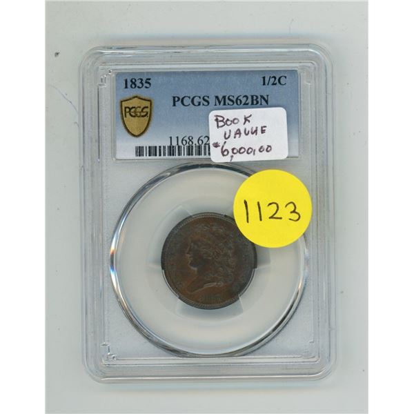 1835 Half Cent PCGS MS62BN - Very Rare In This Condition.