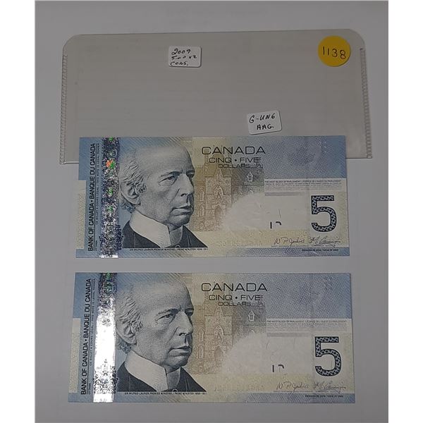 (2) 2009 Canada Five Dollar In Sequence - Uncirculated.