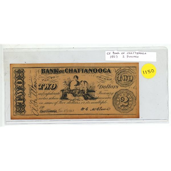 Counterfeit Bank of Chattanooga 1863 $2. This is not a real note.