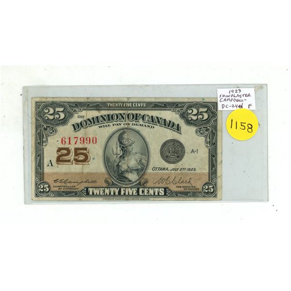 Dominion of Canada 1923 25 Cents Shinplaster. Campbell-Clark signatures. BC-24d. F12.